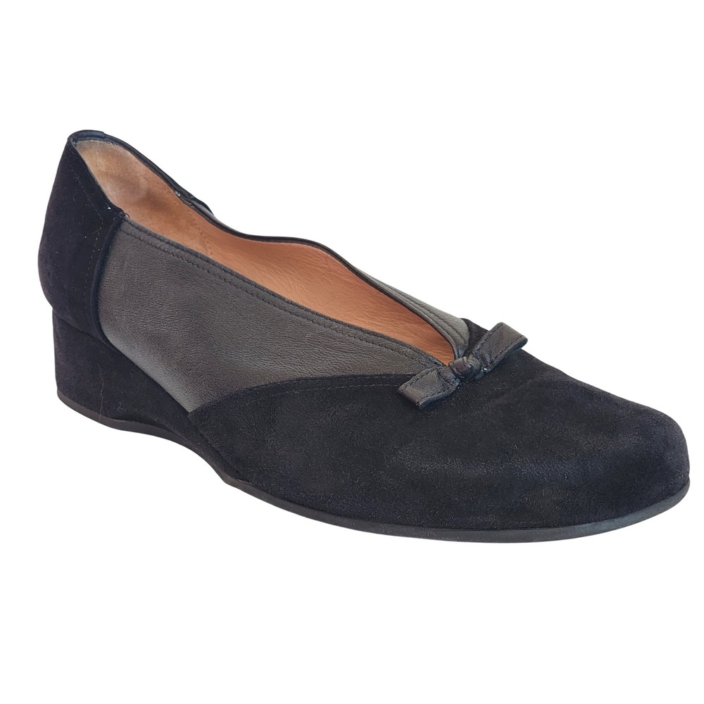 Anyi Lu Black Suede Leather Wedge Pumps Bow Accent Handmade Italy Square Toe 39